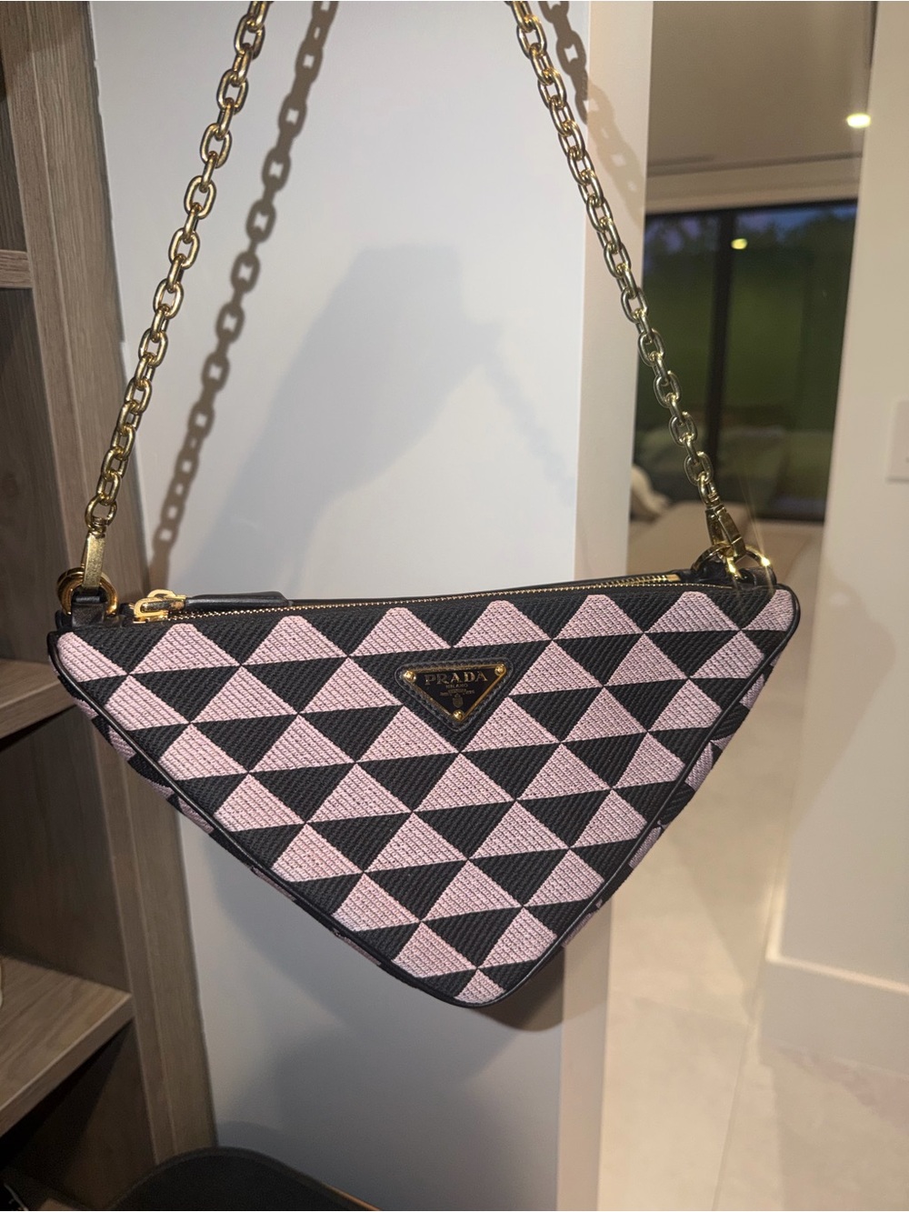 Prada Pink and Black Triangle Chain Shoulder Bag